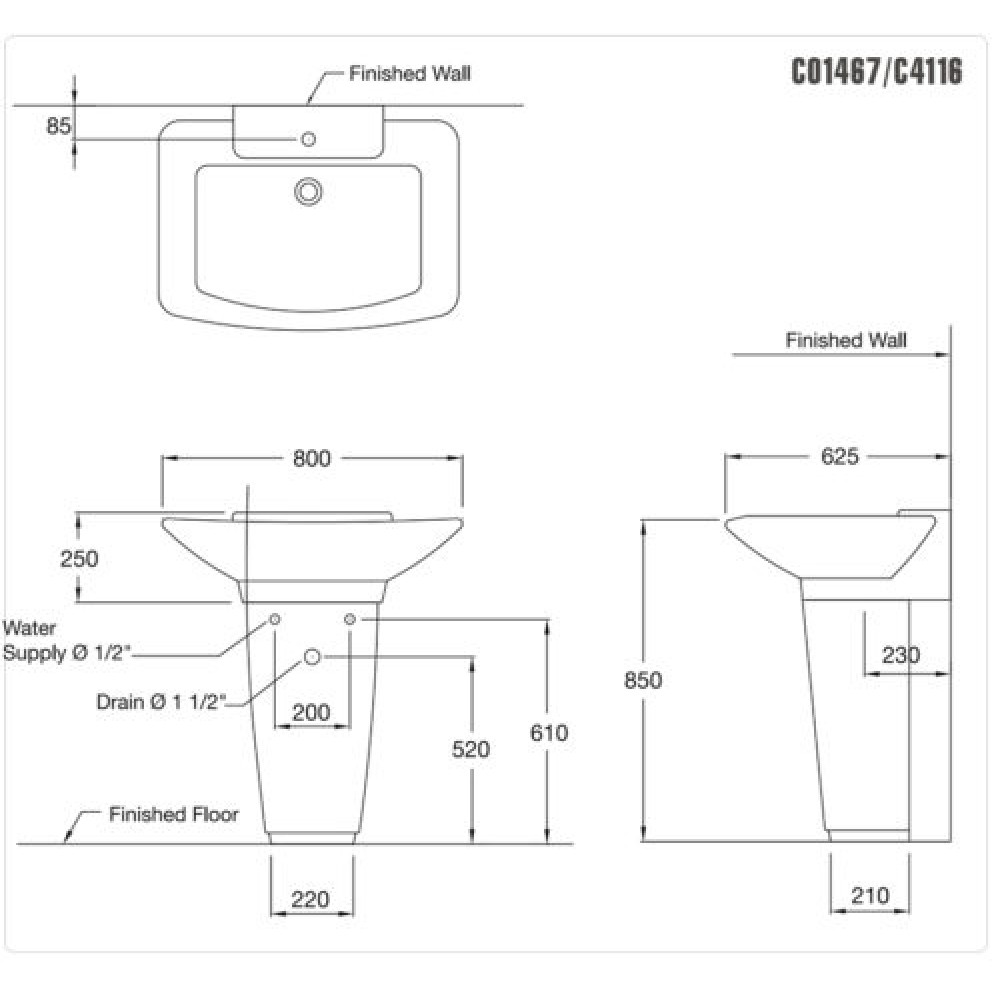 Chậu Rửa Mặt Lavabo COTTO C01467/C4116 chân đứng