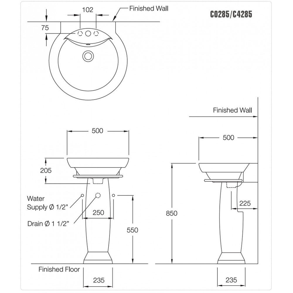 Chậu Lavabo COTTO C0285/C4285 chân đứng